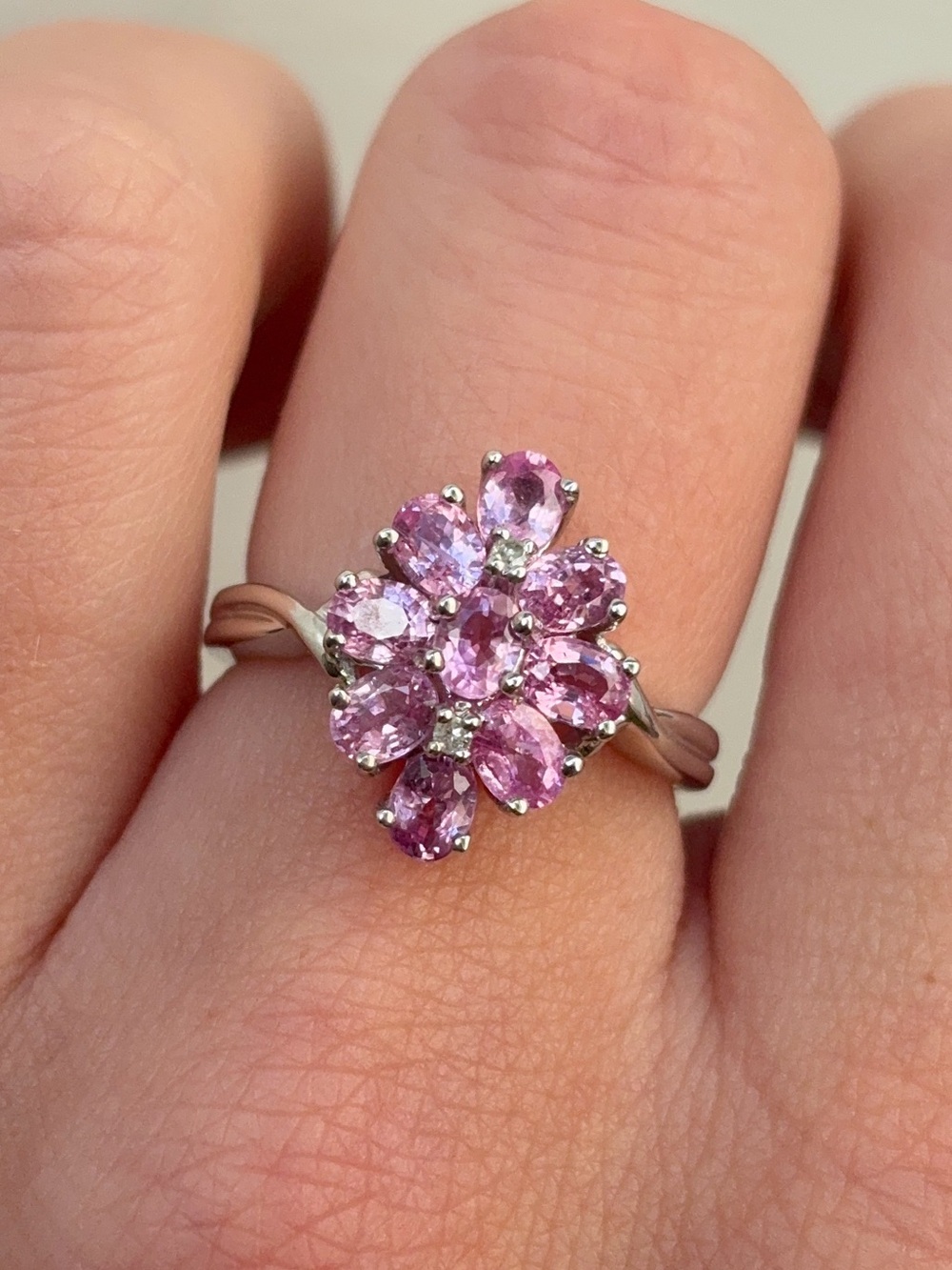 10k White Gold Diamond Pink Topaz Gemstone Cluster Cocktail Ring